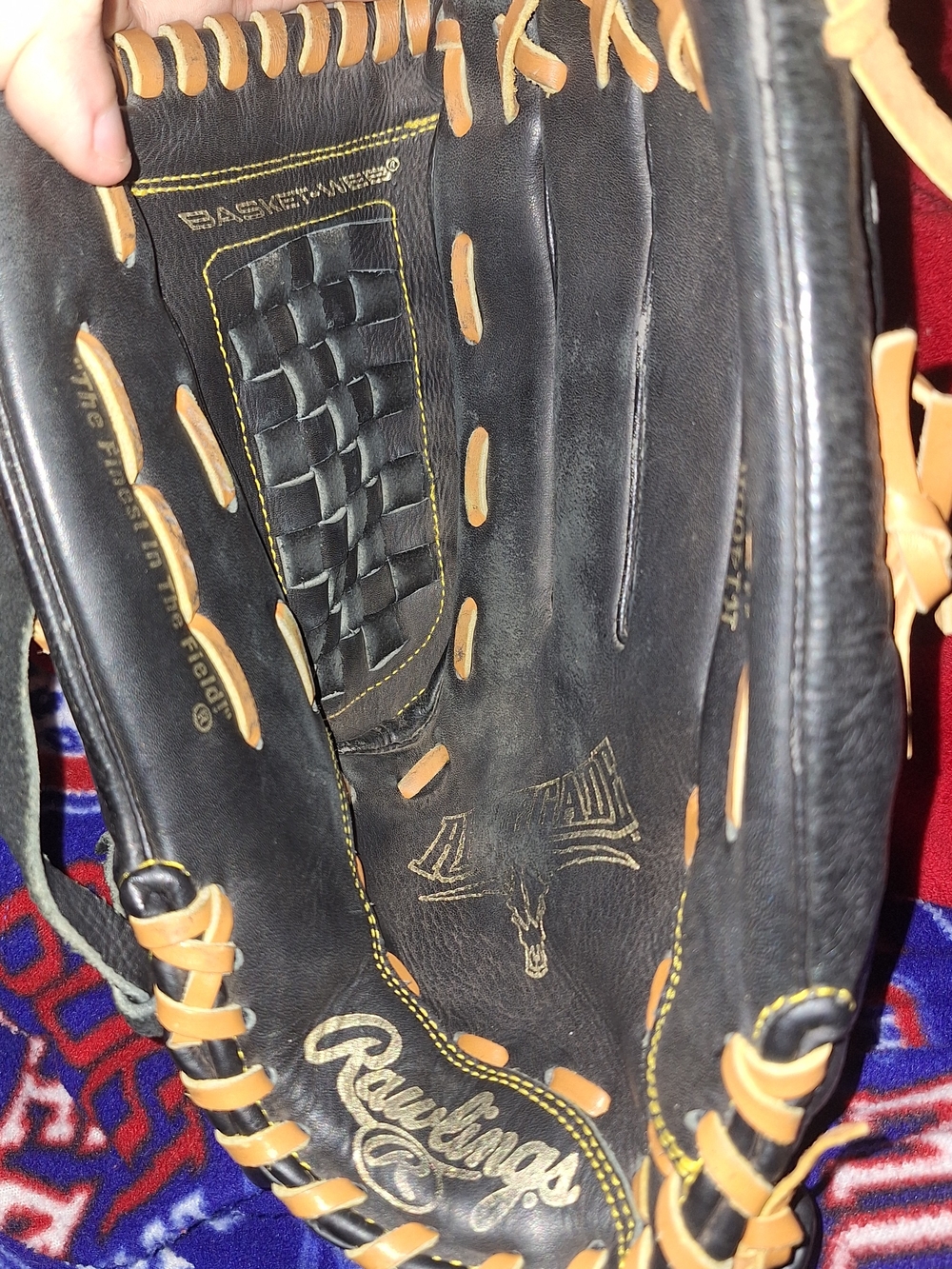 Rawlings Left Handed Black Leather Baseball Glove with Tan Lacing